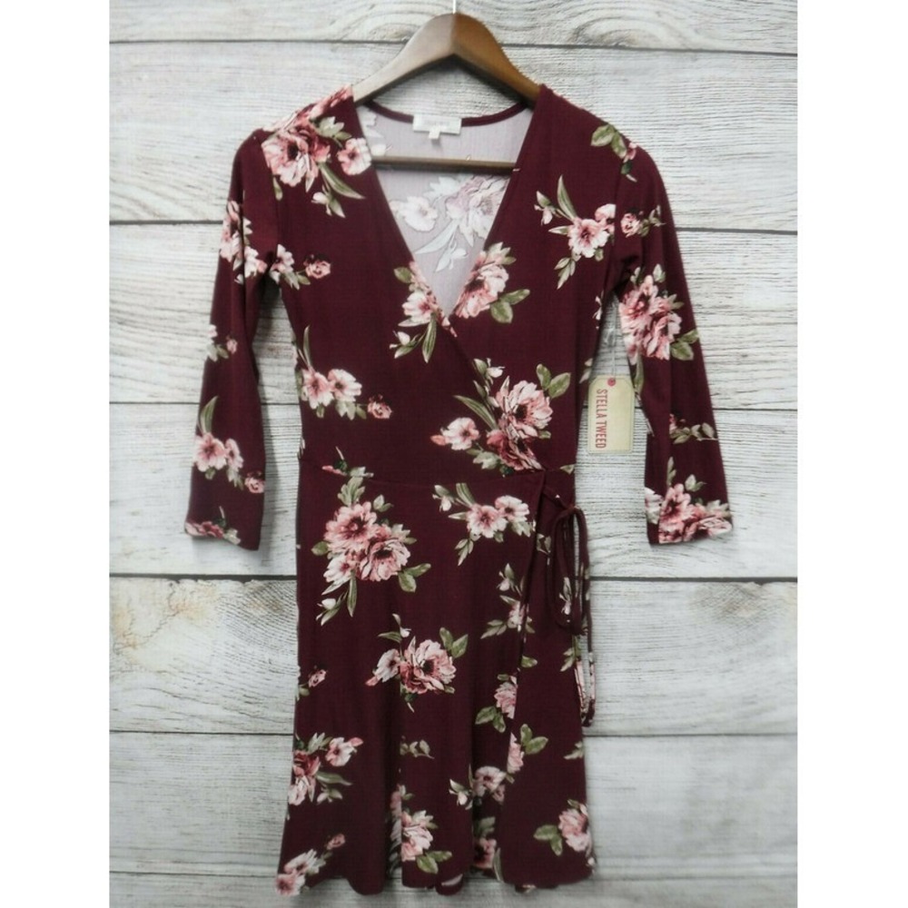 Stellla Tweed Dress Womens Size Small Wine Red Floral Knit Wrap Dress New